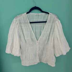 Frame Denim White Julianne Puff Sleeve Smocked Blouse